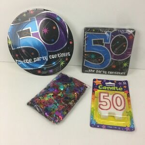 50th Birthday Confetti Candles Napkins Plates Party Black Silver Colorful READ